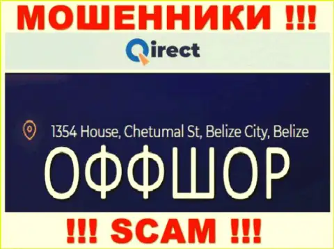 Контора Qirect Limited указывает на веб-ресурсе, что находятся они в офшорной зоне, по адресу 1354 House, Chetumal St, Belize City, Belize