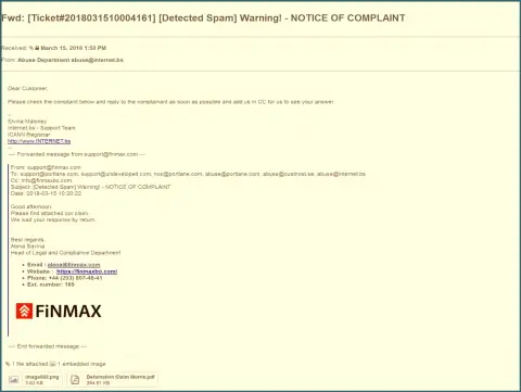 Аналогичная претензия на официальный web-ресурс Fin Max пришла и регистратору доменного имени сайта