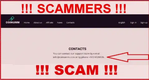 Coinumm OÜ phone number is listed on the scammers website