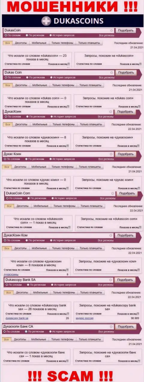 Подробный анализ суммарного числа online запросов в поисковиках глобальной интернет сети по махинаторам DukasCoin