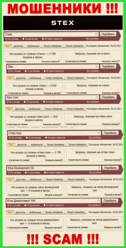 Сколько раз интересовались мошенниками Стекс Ком в поисковиках сети интернет ?