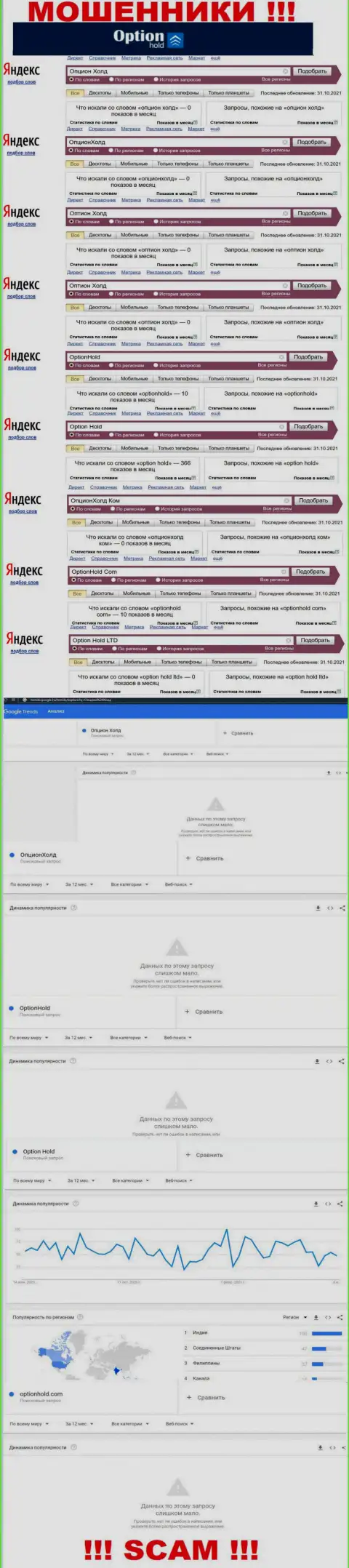 Подробный анализ онлайн запросов по неправомерно действующей конторе ОпционХолд