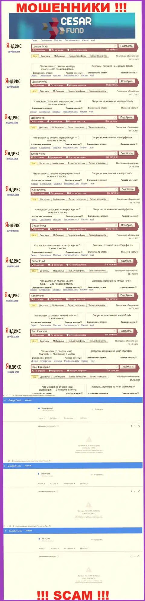 Статистические сведения количества online-запросов в глобальной сети интернет по мошенникам Цезарь Фонд