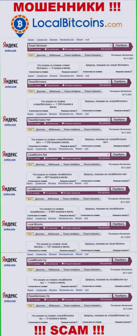 Детальный анализ количества запросов в поисковиках всемирной интернет паутины по обманщикам ЛокалБиткоинс