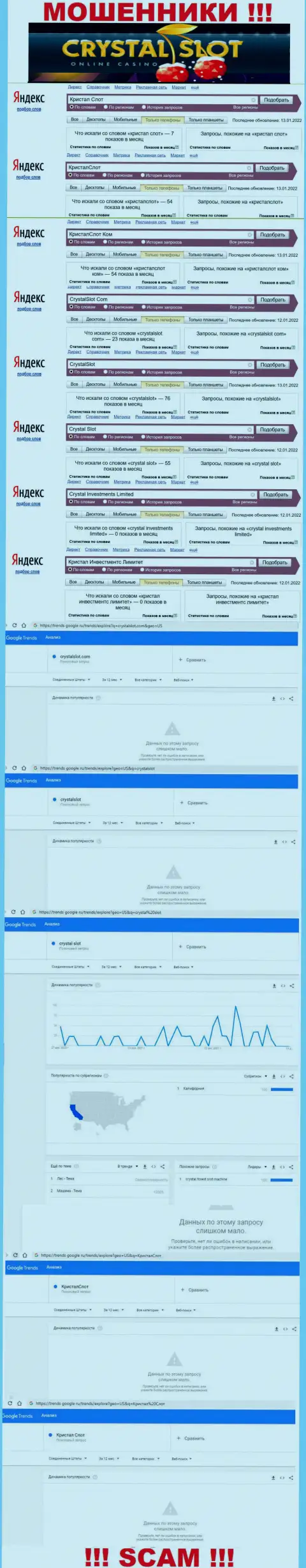 Количество онлайн запросов в поисковиках интернет сети по бренду воров CrystalSlot