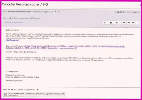 Уведомление о решении арбитражного суда Московской области, отправленное шарашкой Кокос Групп
