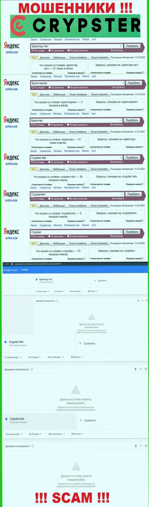 Статистические сведения запросов по лохотронщикам Crypster в поисковиках сети internet