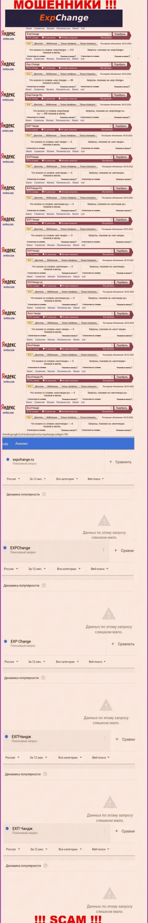 Количество поисковых запросов пользователями интернет сети информации о махинаторах ExpChange Ru