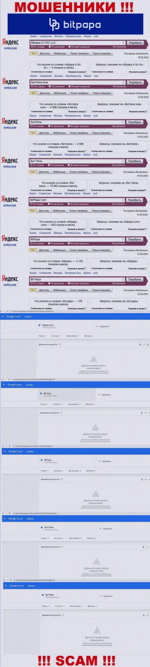 Суммарное число онлайн-запросов в поисковых системах по бренду мошенников Bit Papa