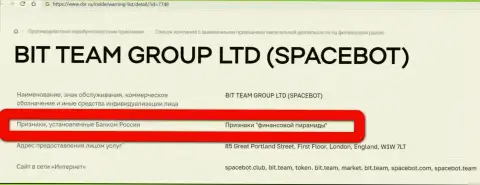 Bit Team (Space Bot Ltd) признаны были Центробанком Российской Федерации финансовой пирамидой