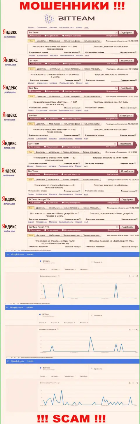 Число online запросов во всемирной паутине по бренду мошенников Bit Team