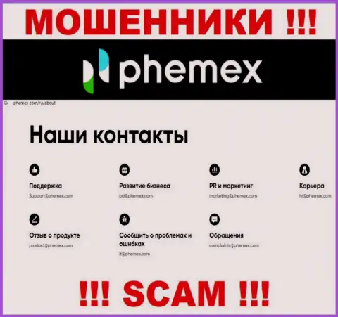 Не связывайтесь с мошенниками PhemEX через их е-мейл, расположенный у них на web-сервисе - сольют