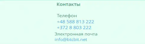 Номера телефонов и электронная почта компании BTCBit Sp. z.o.o.