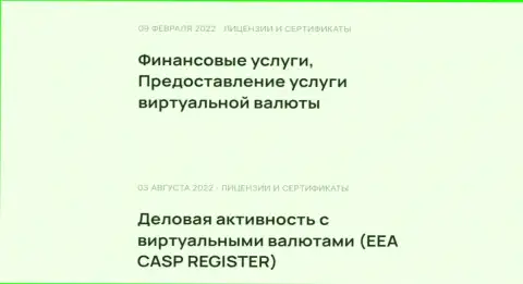 Еще два разрешения на ведение деятельности, связанной с виртуальной валютой, имеющиеся у интернет-организации БТЦБИТ ОЮ