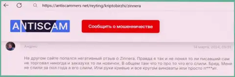 Отзыв с ресурса antiscammers net о надёжности брокерской компании Зиннейра