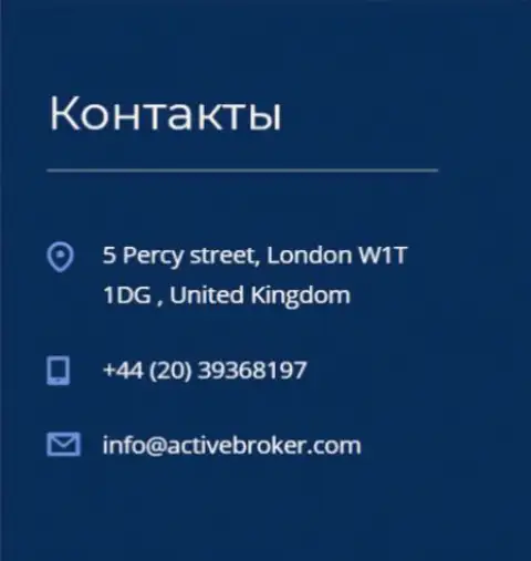 Адрес главного офиса ФОРЕКС брокерской конторы Актив Брокер, предоставленный на официальном сайте данного Форекс брокера